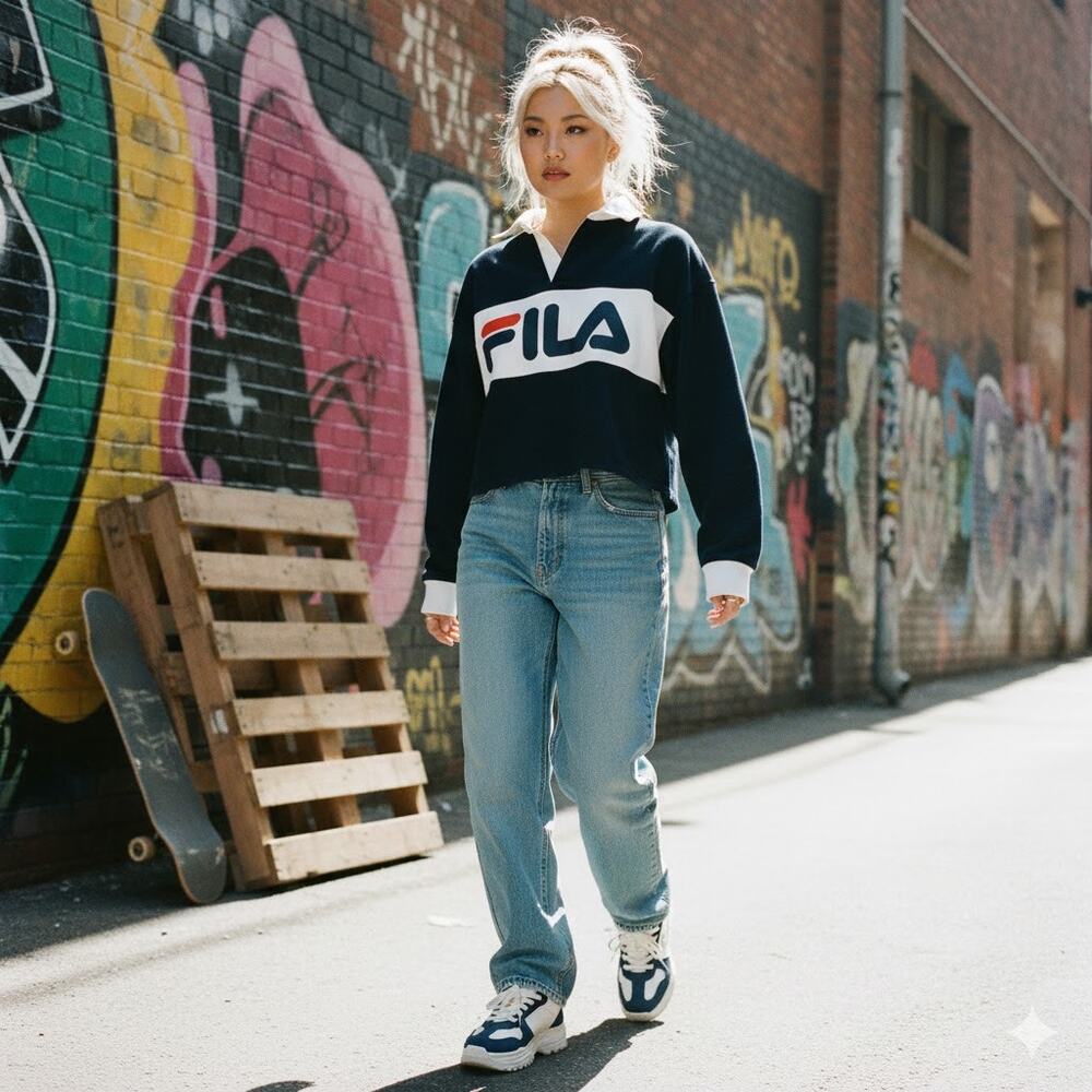 Vintage 90s Fila Cropped‎ Rugby Shirt Spell Out Navy Orange White Streetwear L